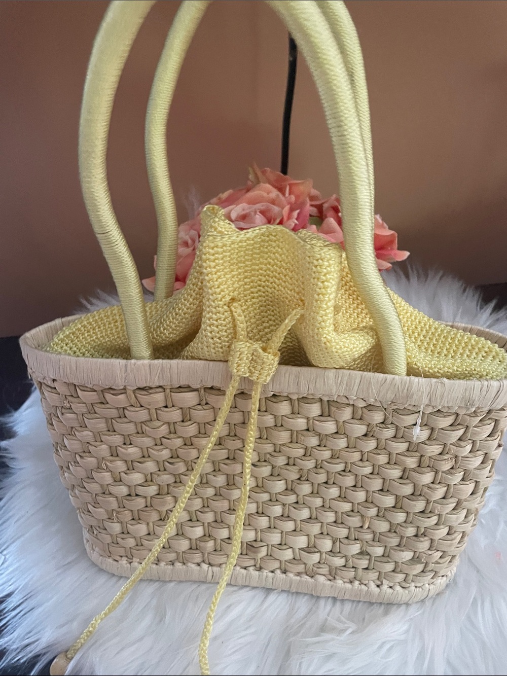 Woven Straw Tote Bag with Soft Yellow Fabric Insert